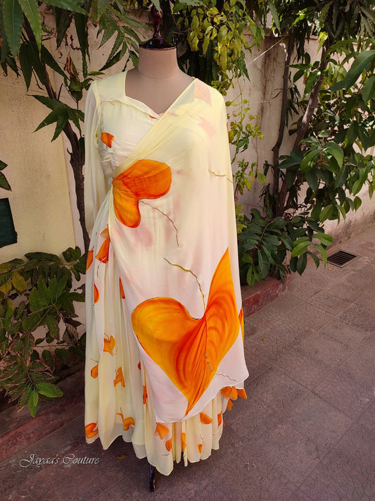 off white lemon yellow shaded gown with drape dupatta