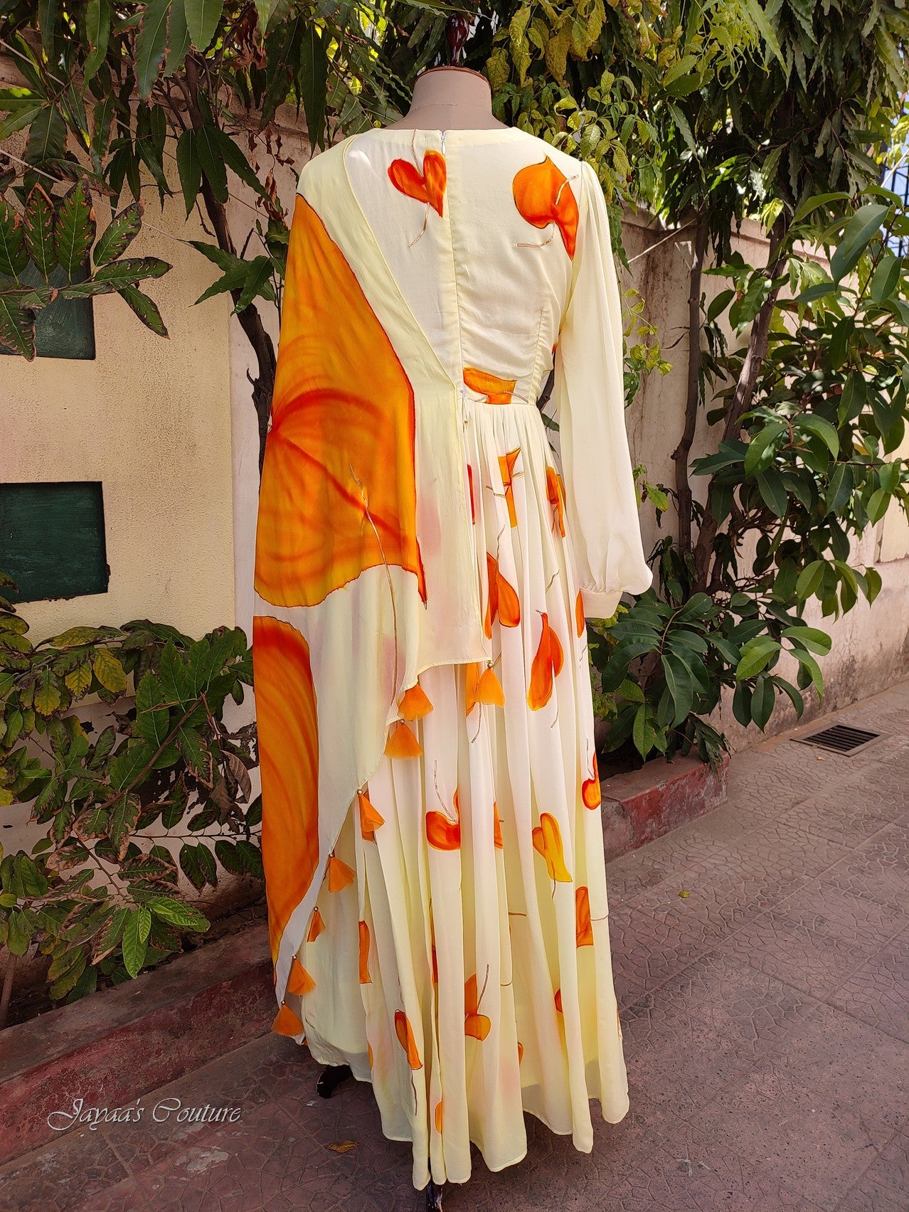 off white lemon yellow shaded gown with drape dupatta