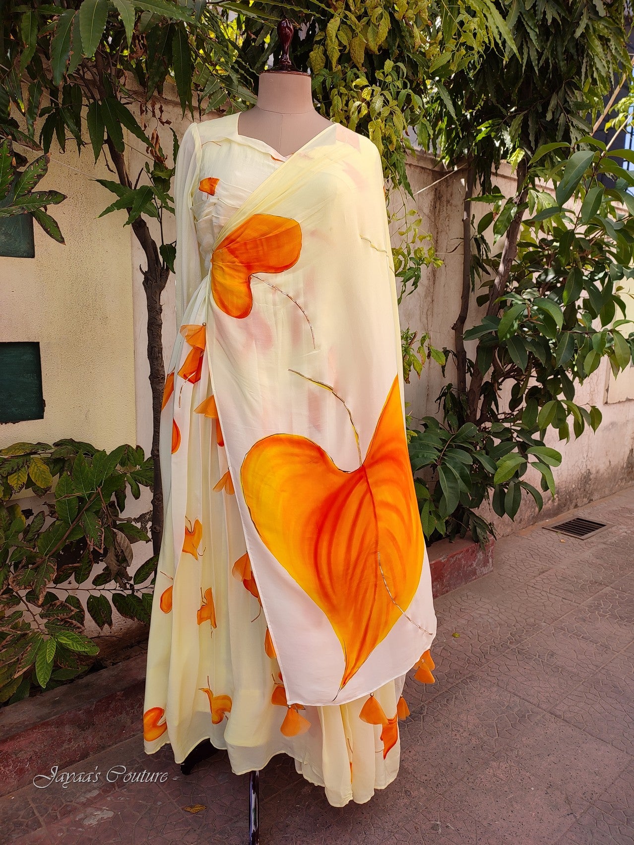 off white lemon yellow shaded gown with drape dupatta