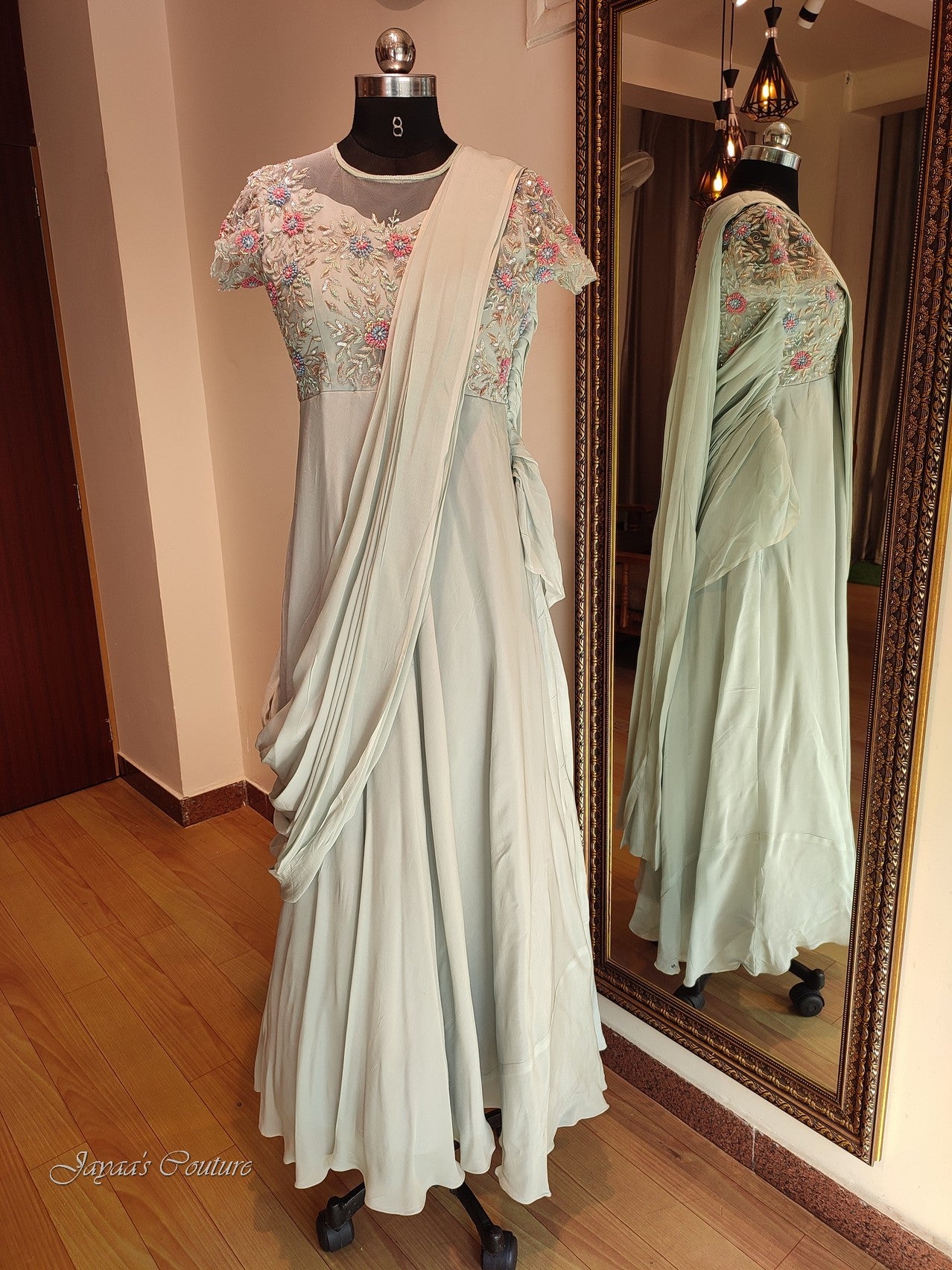 Pastel grey gown with drape dupatta