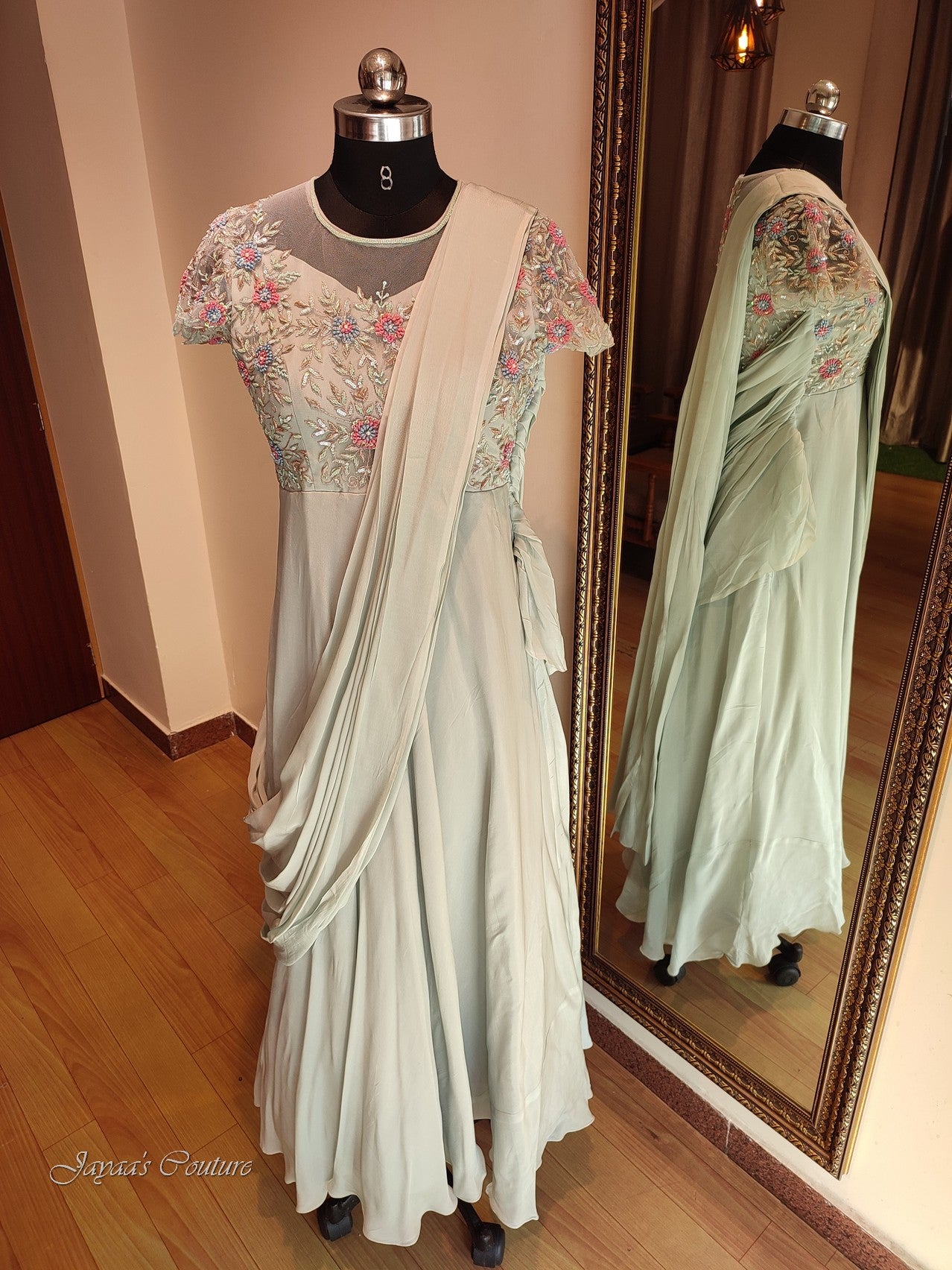 Pastel grey gown with drape dupatta