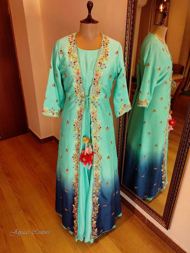 Sea green blue shaded gown with shrug