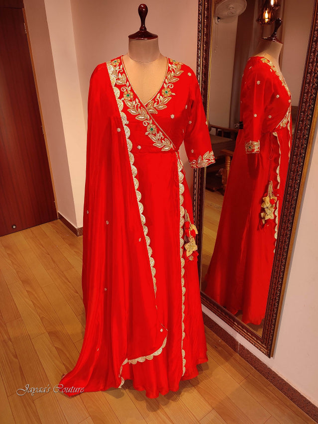 Red angrakha gown with dupatta