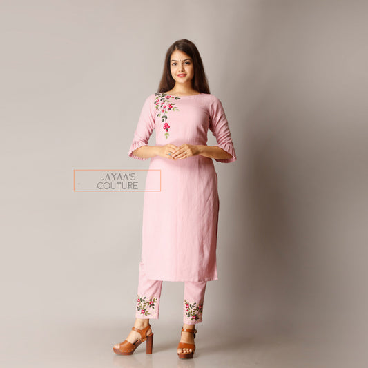 Dusty pink one side work kurta pants