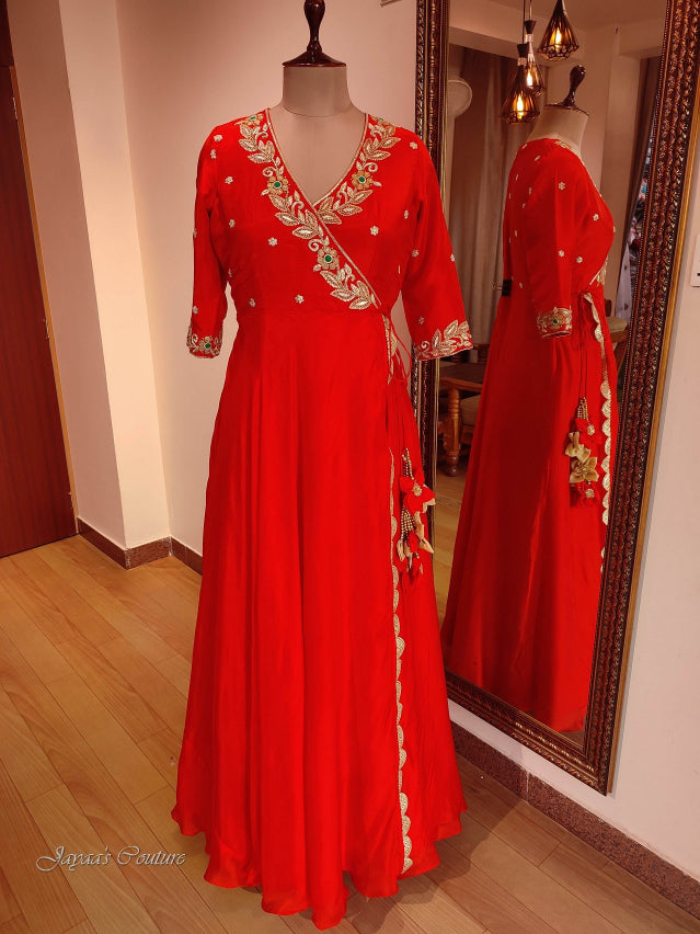 Red angrakha gown with dupatta