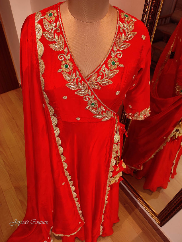Red angrakha gown with dupatta