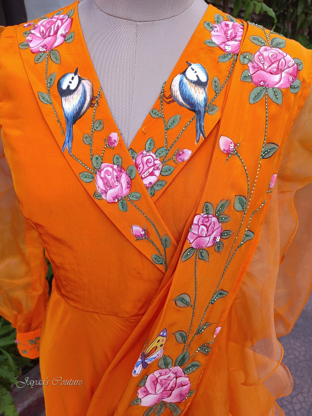 Orange Hand painted gown with Draped frill dupatta