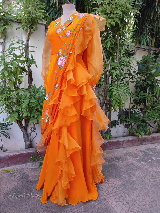 Orange Hand painted gown with Draped frill dupatta
