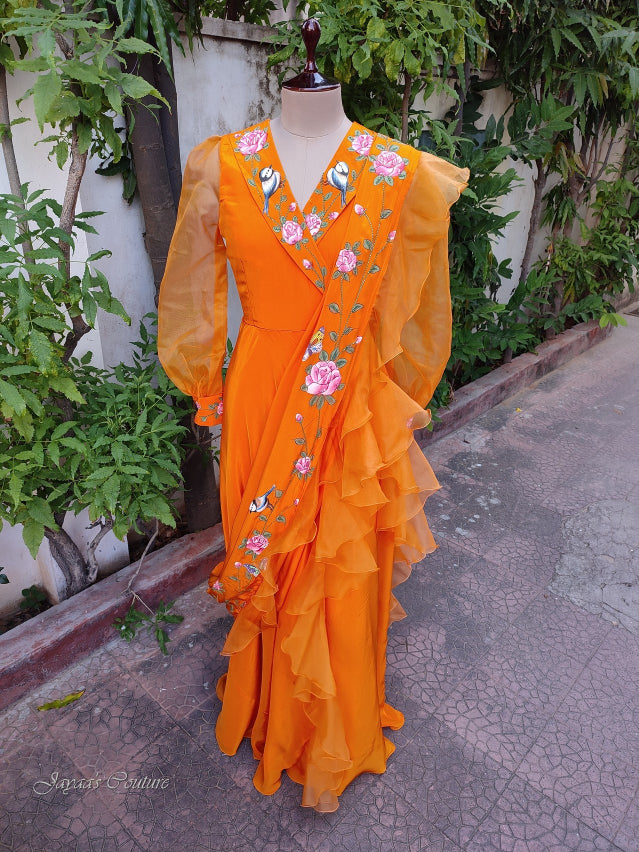 Orange Hand painted gown with Draped frill dupatta