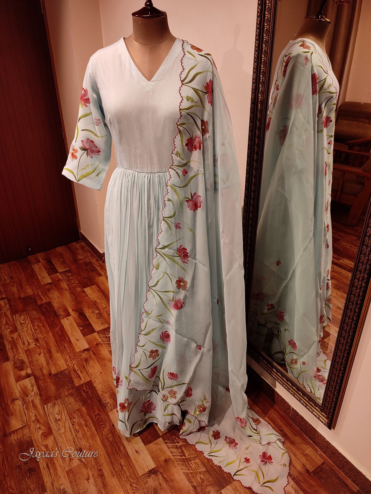 Powder blue hand painted gown with dupatta
