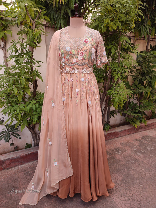 Pastel Beige To Dark Beige Ombre Gown With Belt & dupatta