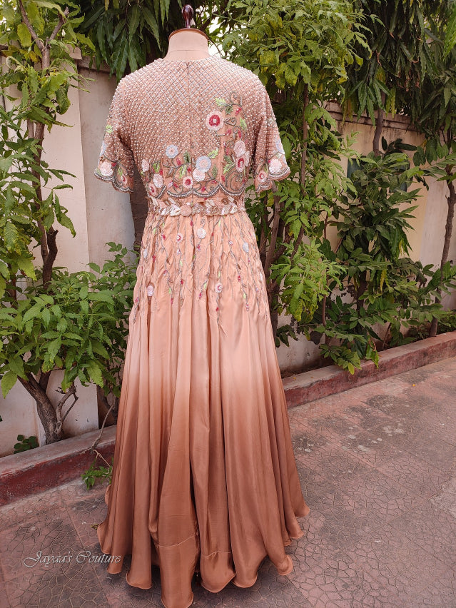 Pastel Beige To Dark Beige Ombre Gown With Belt & dupatta JAYAA'S COUTURE Pastel Beige To Dark Beige Ombre Gown With Belt & dupatta JAYAA'S COUTURE