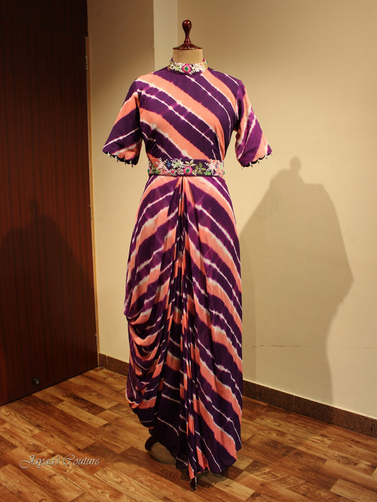 Purple Peach Leheriya Drape Gown with Belt