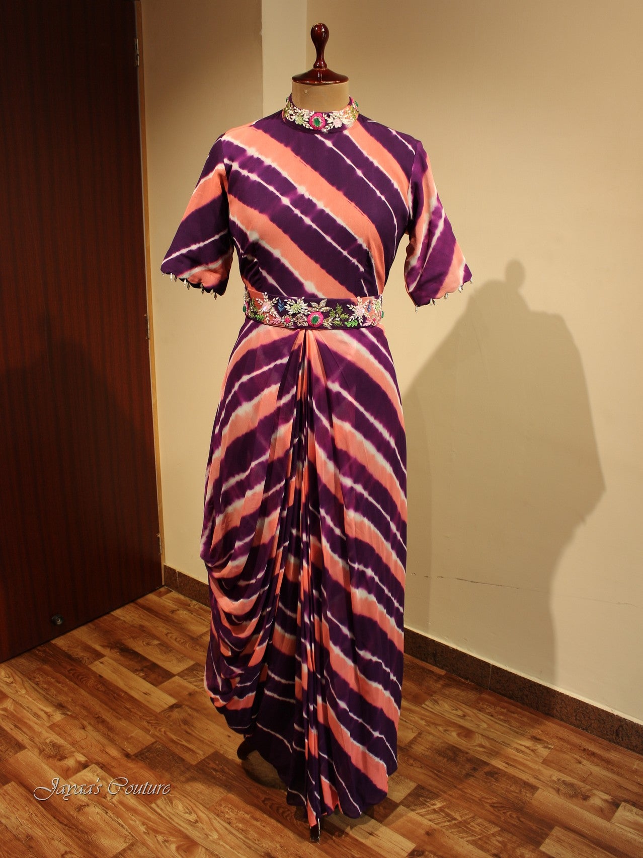 Purple Peach Leheriya Drape Gown with Belt