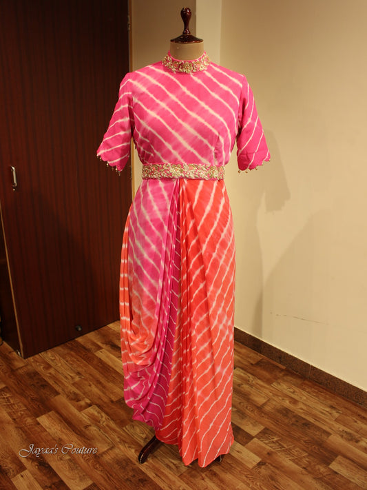 Pink organge shaded Leheriya drape Gown with belt