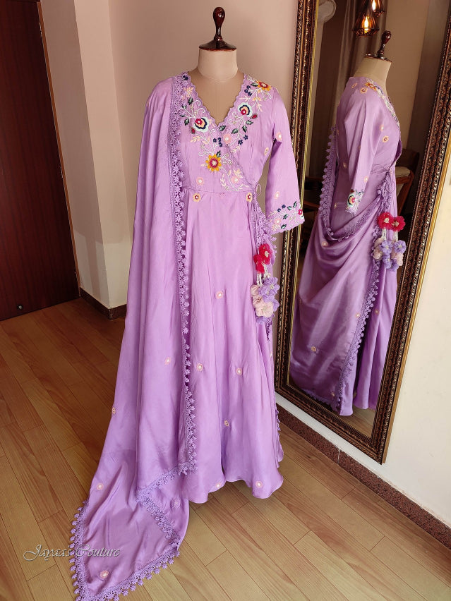 Lavender Angrakha Gown With Dupatta