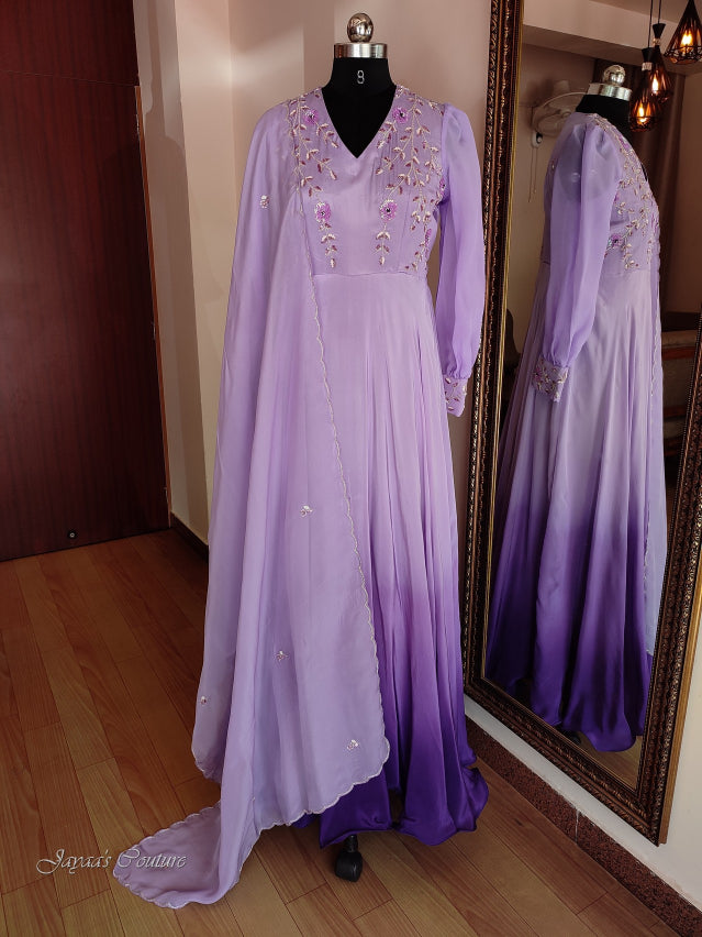 Light purple to dark purple ombre gown with dupatta