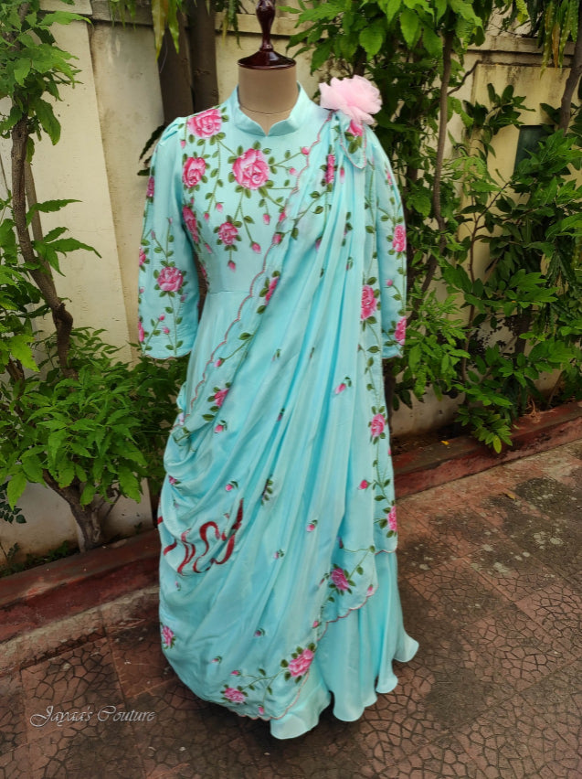 Sky blue gown with draped dupatta