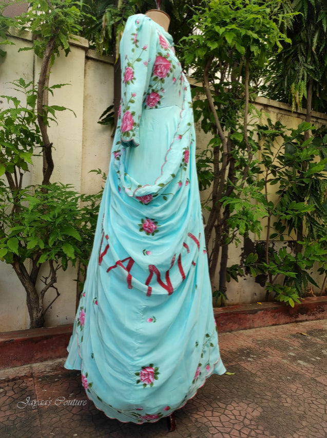 Sky blue gown with draped dupatta