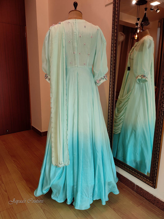 Sea green ombre gown with draped dupatta