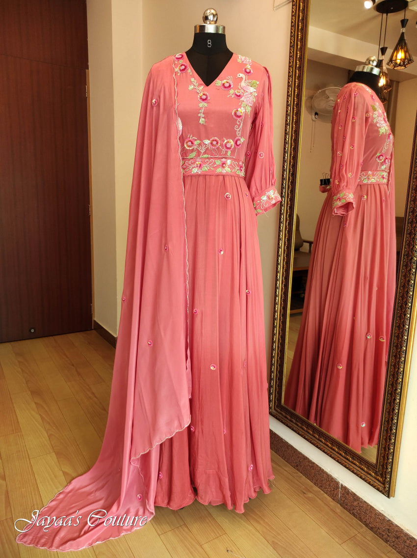 Rust peach shaded gown with belt & dupatta