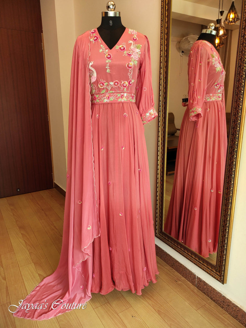 Rust peach shaded gown with belt & dupatta