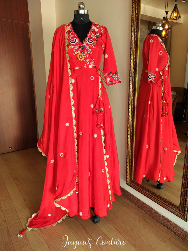 Red angrakha gown with dupatta