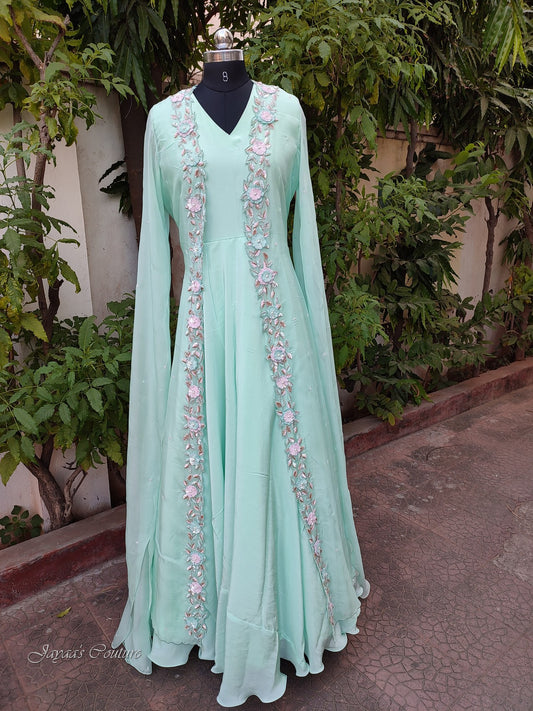 Pastel sea green gown with jacket