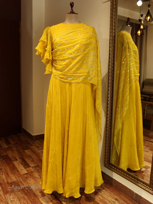 Yellow Gown with drape dupatta