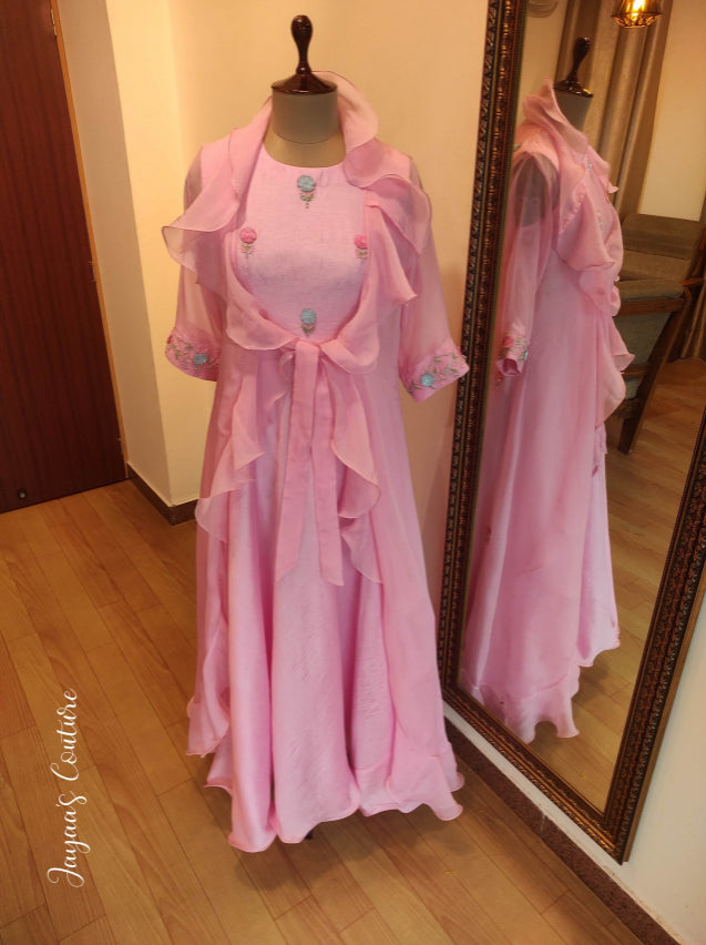 Dusty pink gown with frilled organza shrug