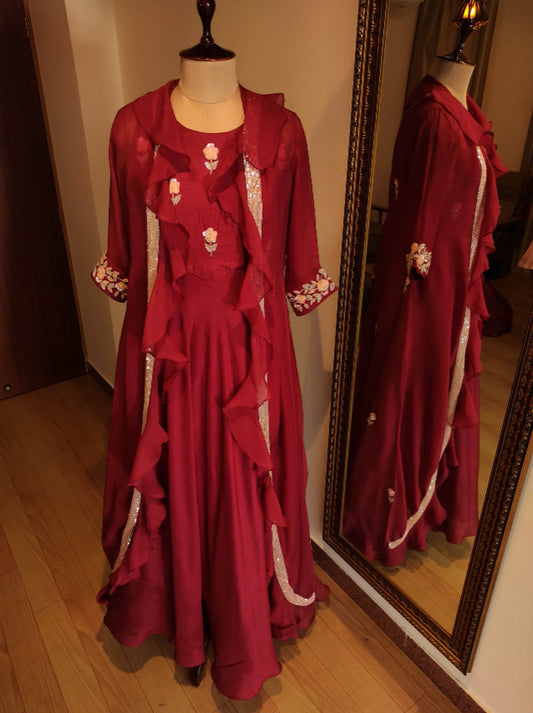 Deep red long gown with shrug