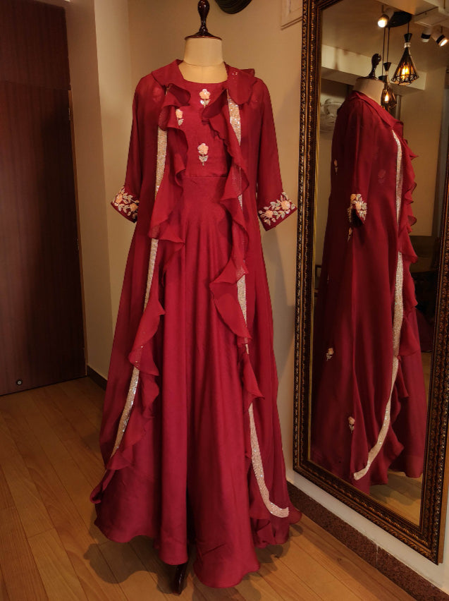 Deep red long gown with shrug