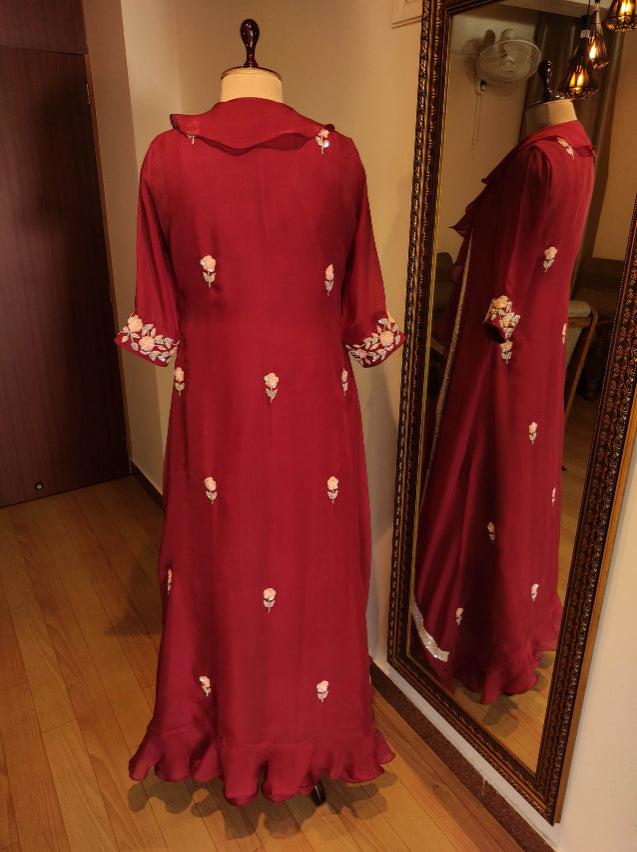 Deep red long gown with shrug