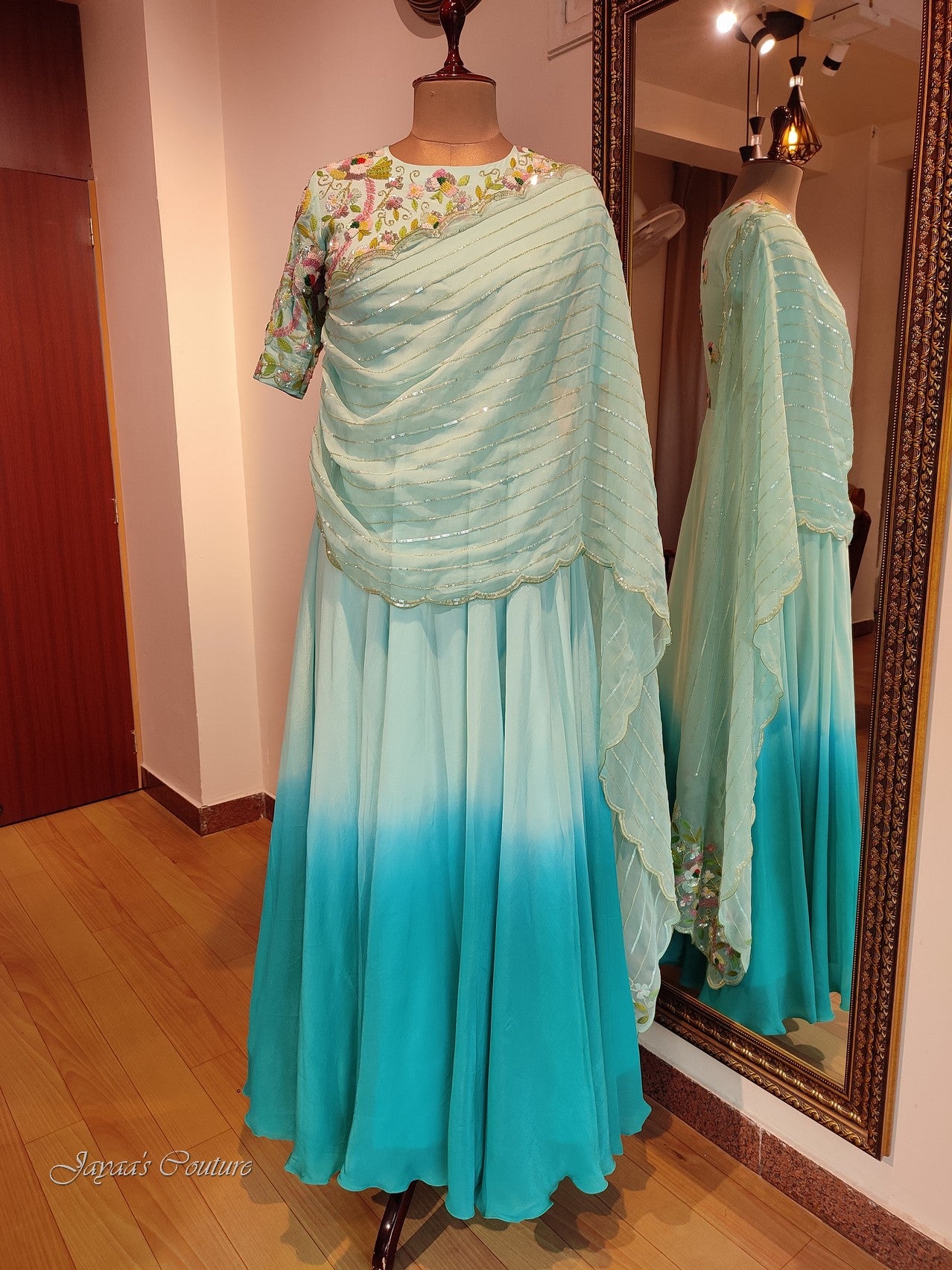 Sea green ombre gown with draped dupatta