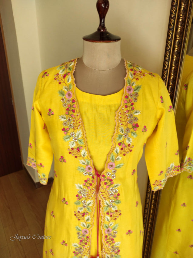 Yellow gown with embroidered shrug