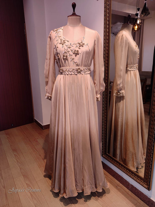 Pastel beige to dark beige ombre gown with belt