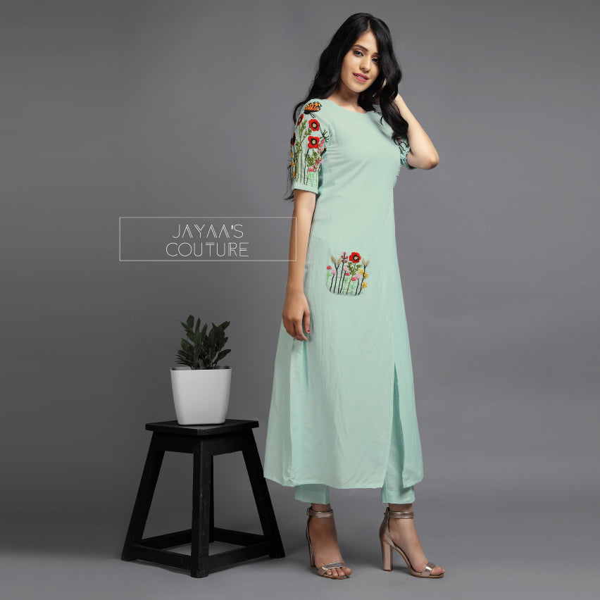 Pastel sea green overlap kurta pants