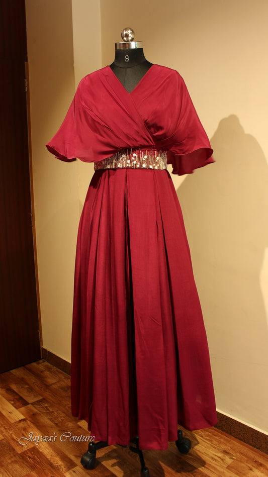 Maroon gown with belt