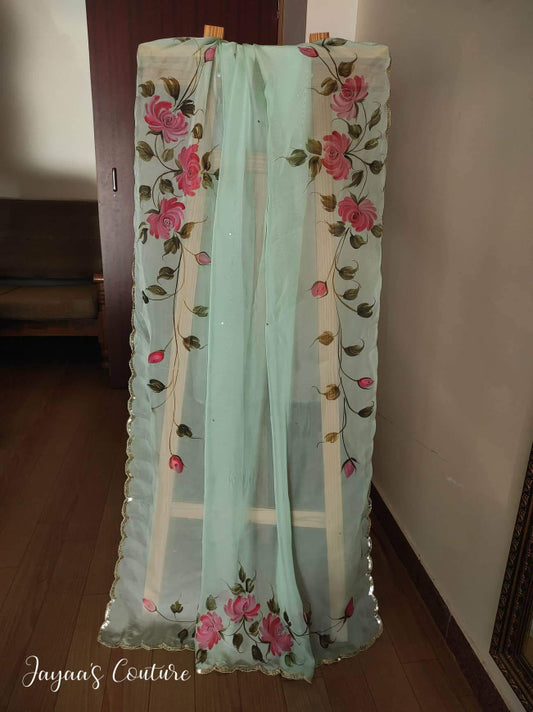 dusty green hand painted dupatta