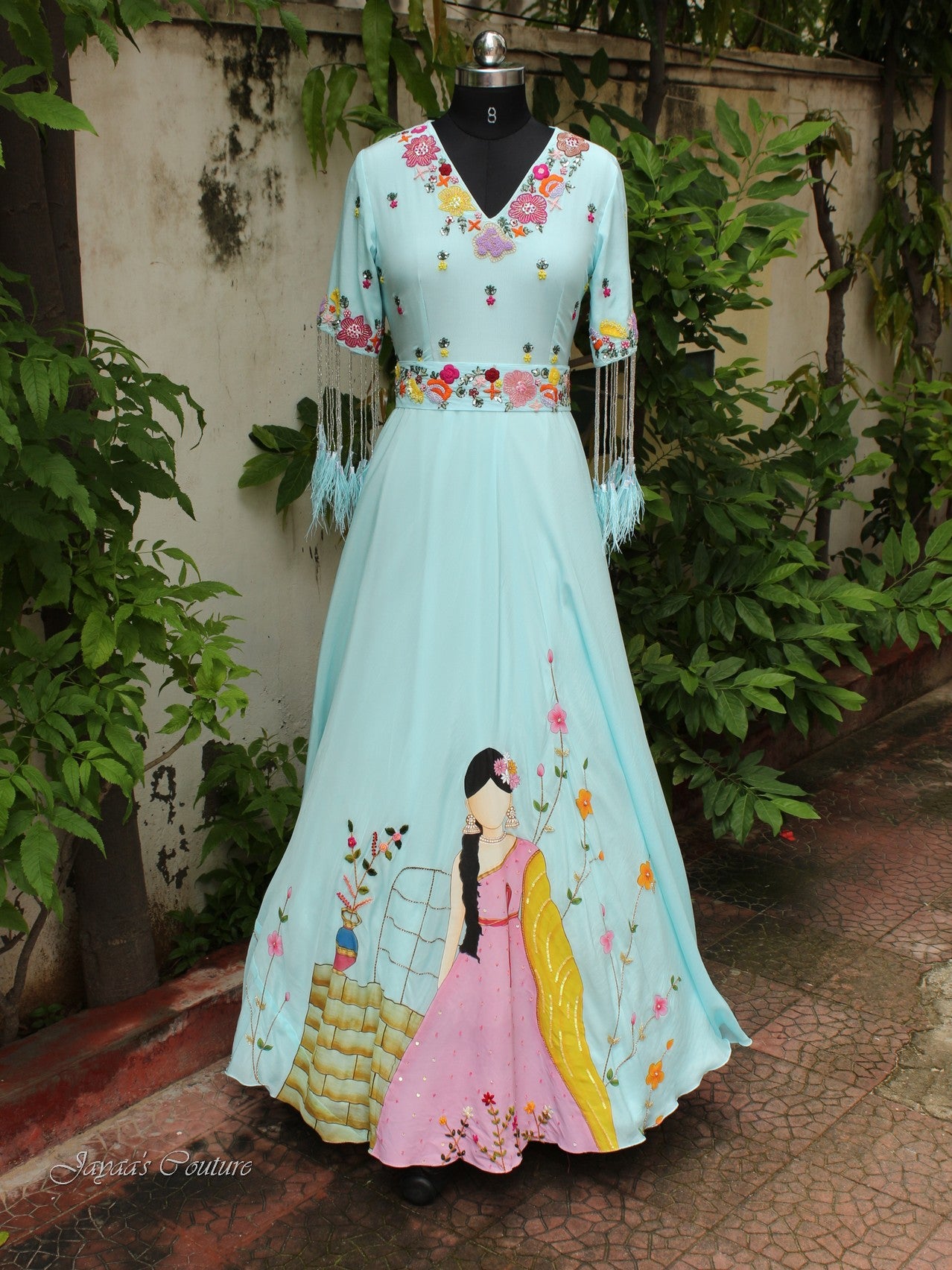 Powder blue Hand painted Gown