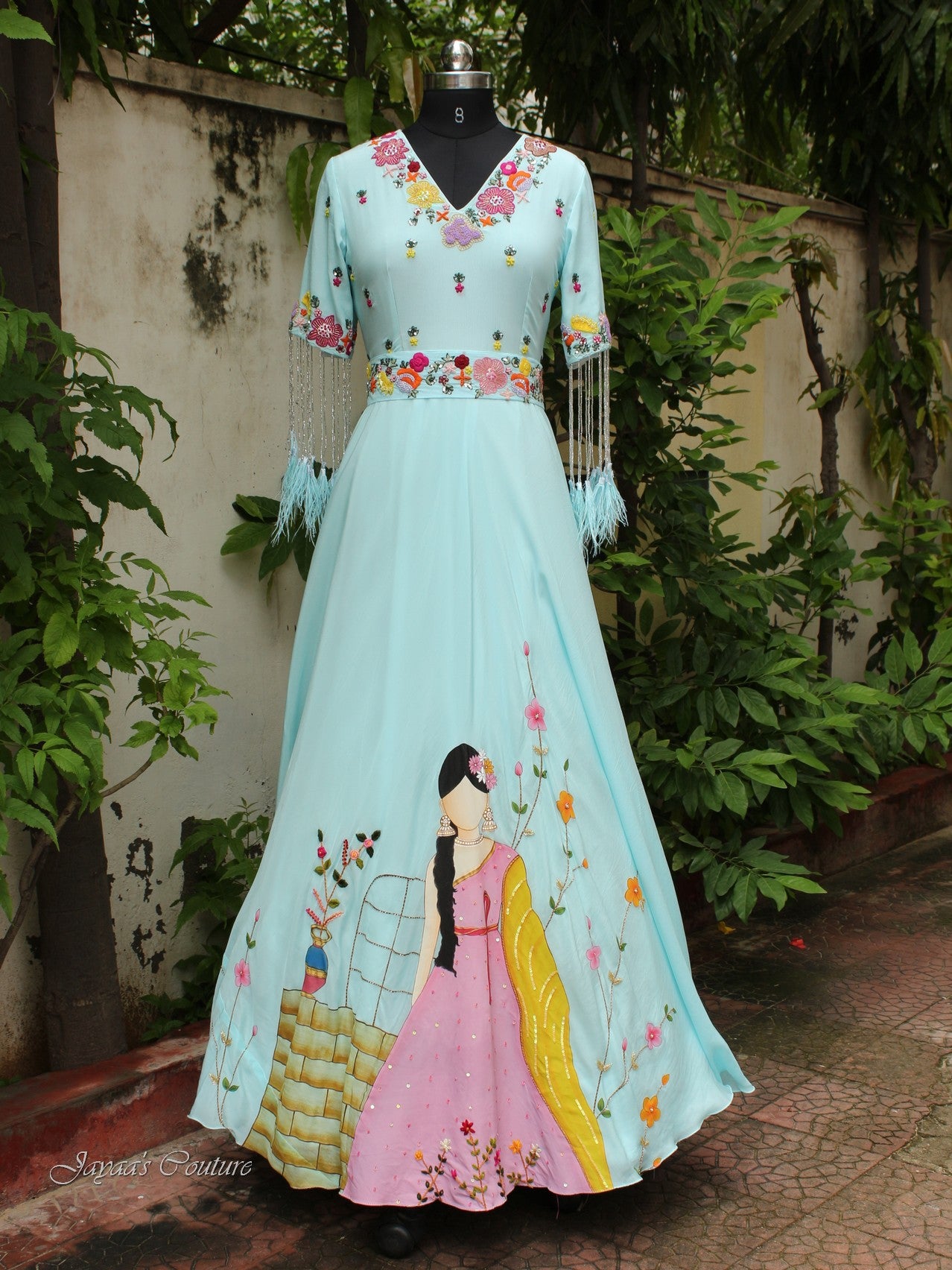 Powder blue Hand painted Gown