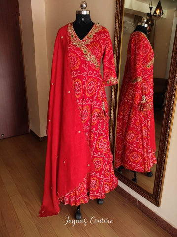 Red bandhej angrakha gown with Dupatta
