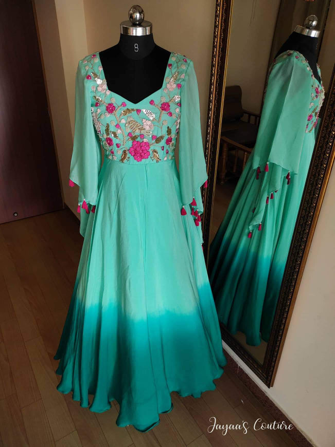 Sea Green Ombre Gown with dupatta