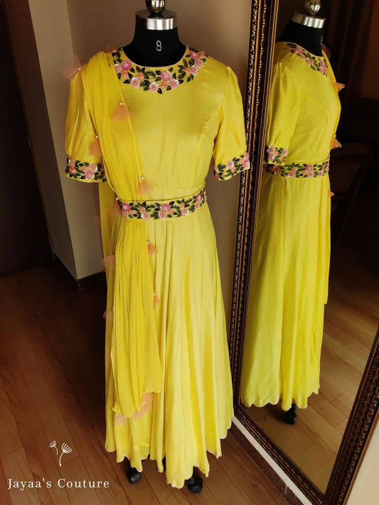 Liril green gown with hand embroidered belt and dupatta