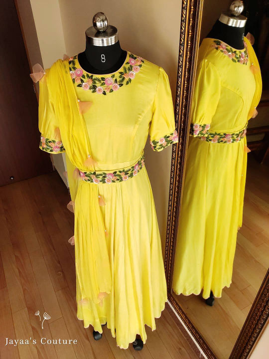 Liril green gown with hand embroidered belt and dupatta