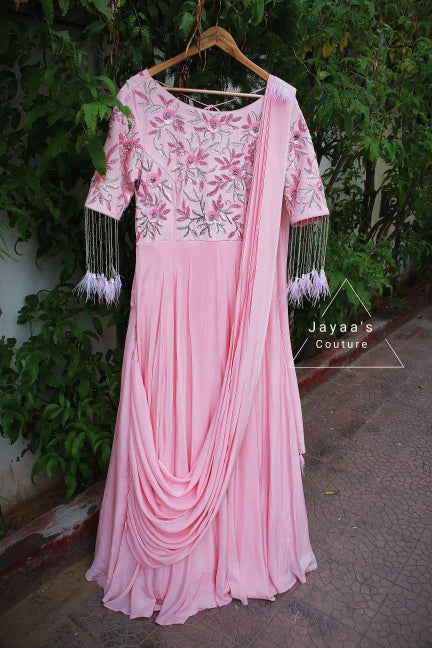 Blush pink Gown with attached Draped Dupatta Embedded with Hand Work.