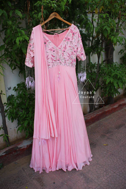 Blush pink Gown with attached Draped Dupatta Embedded with Hand Work.