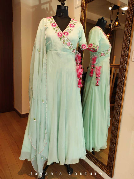 Dusty green angrakha gown with dupatta