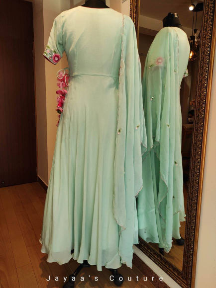 Dusty green angrakha gown with dupatta