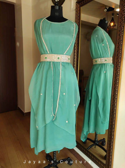 Sky green ankle dress with cape and belt
